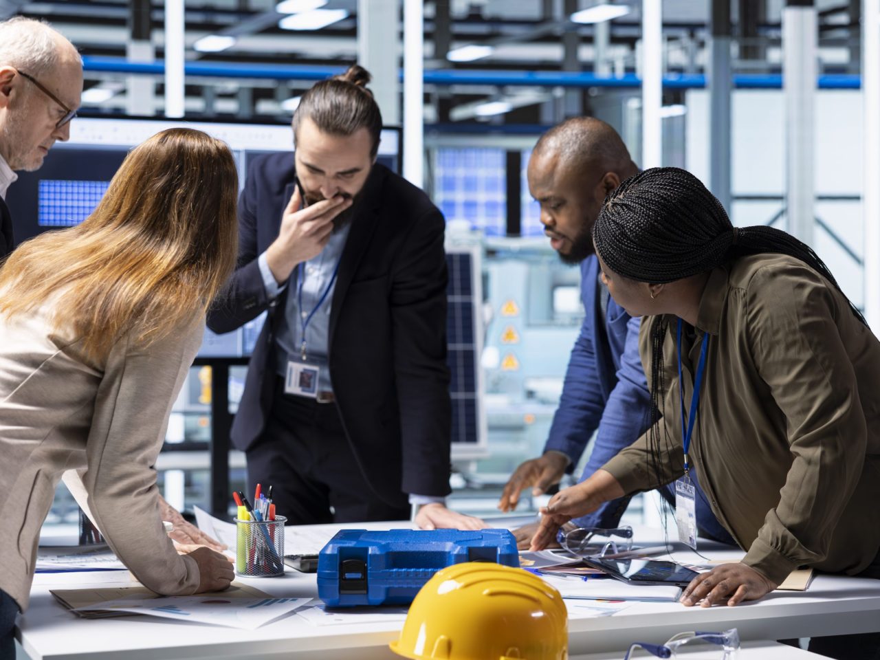 Shareholders ensure factory follows safety procedures before investing, meeting with executives. Team of investors in industrial plant ensuring adherence to industry regulations before closing deal